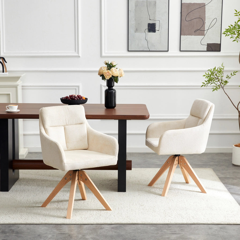 Sedia da Pranzo Set da 2 Girevole a 360° con Schienale Alto e Braccioli in Tessuto Bianco e Legno