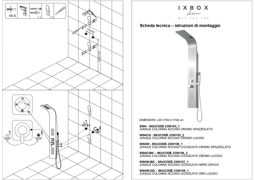 Colonna doccia attrezzata flower in acciaio nero opaco con cascata h140xl20xp44 *** confezione 1