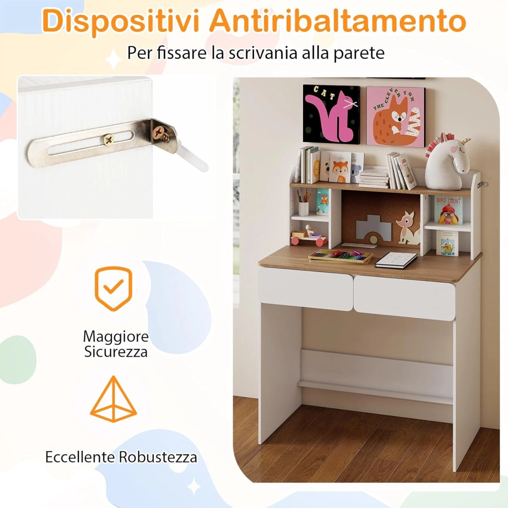Scrivania per Bambini, 8-12 Anni, Tavolo in Legno con Bacheca in Sughero, Stazione di Ricarica, Ampio Piano, Mensole Regolabili e 2 Cassetti, Ideale per Studio e Disegno