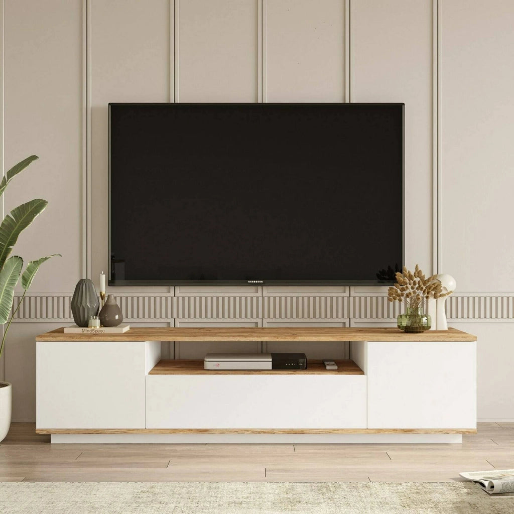 Mobile porta TV Asellina, Credenza da soggiorno, Armadio basso per TV, Base parete attrezzata, 180x45h45 cm, Quercia e Bianco