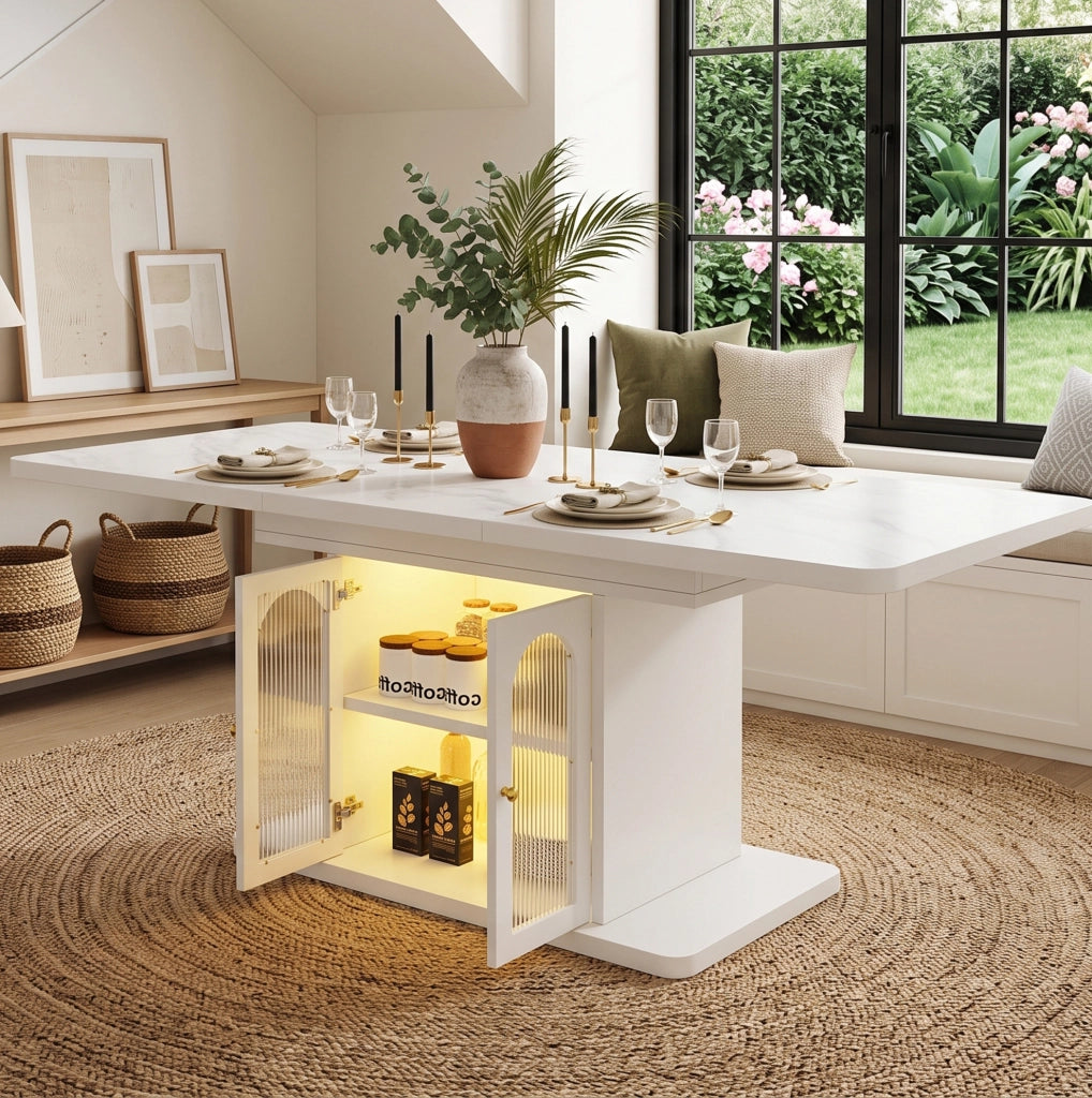 Tavolo da pranzo estensibile 200x80 cm in MDF bianco con contenitore e LED