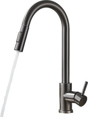 JANA | Rubinetto da cucina estensibile Premium in acciaio inox grigio titanio miscelatore arco alto | alta pressione ruotabile a 360° 2 attacchi