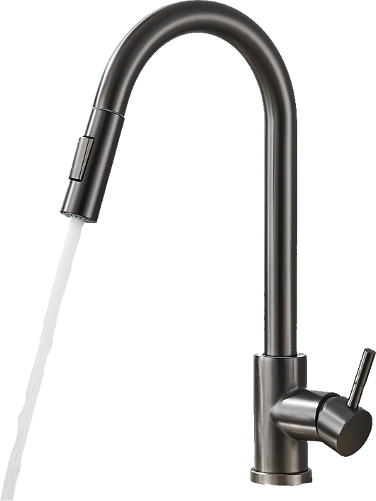 JANA | Rubinetto da cucina estensibile Premium in acciaio inox grigio titanio miscelatore arco alto | alta pressione ruotabile a 360° 2 attacchi