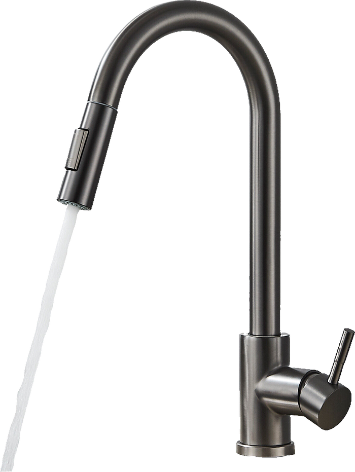 JANA | Rubinetto da cucina estensibile Premium in acciaio inox grigio titanio miscelatore arco alto | alta pressione ruotabile a 360° 2 attacchi