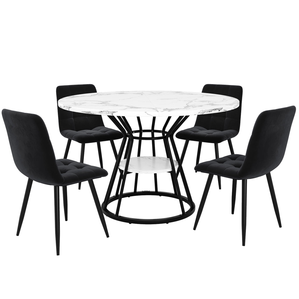 Set Tavolo Rotondo da Pranzo con 4 Sedie in Velluto ¨C Xylo ¨C Piano Marmo, 100x100x76 cm