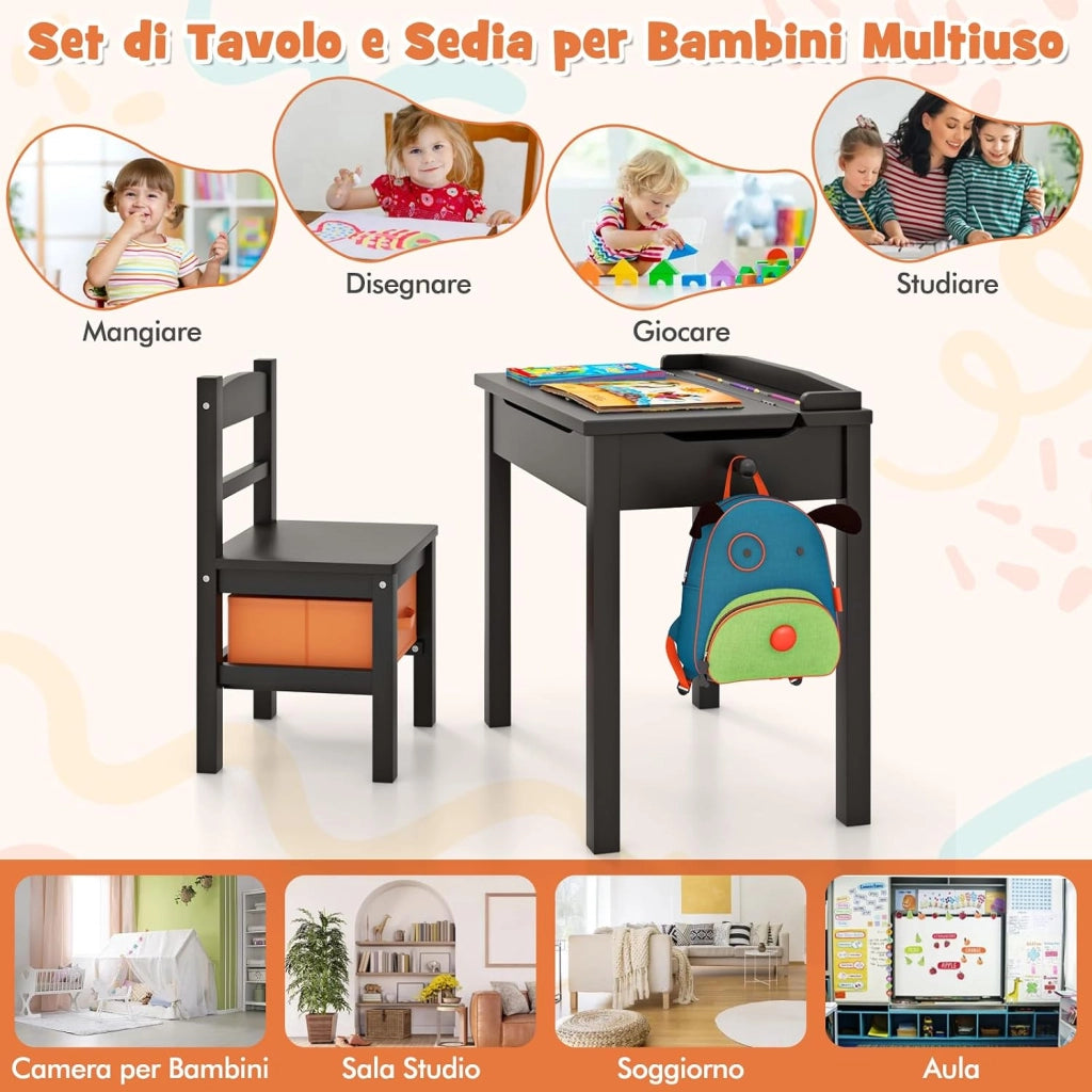 Set Tavolo e Sedia per Bambini, Scrivania Ribaltabile con Sedia per Bambini in Legno, con Cassetto e Gancio Estraibile, Bianco/Naturale (Nero)