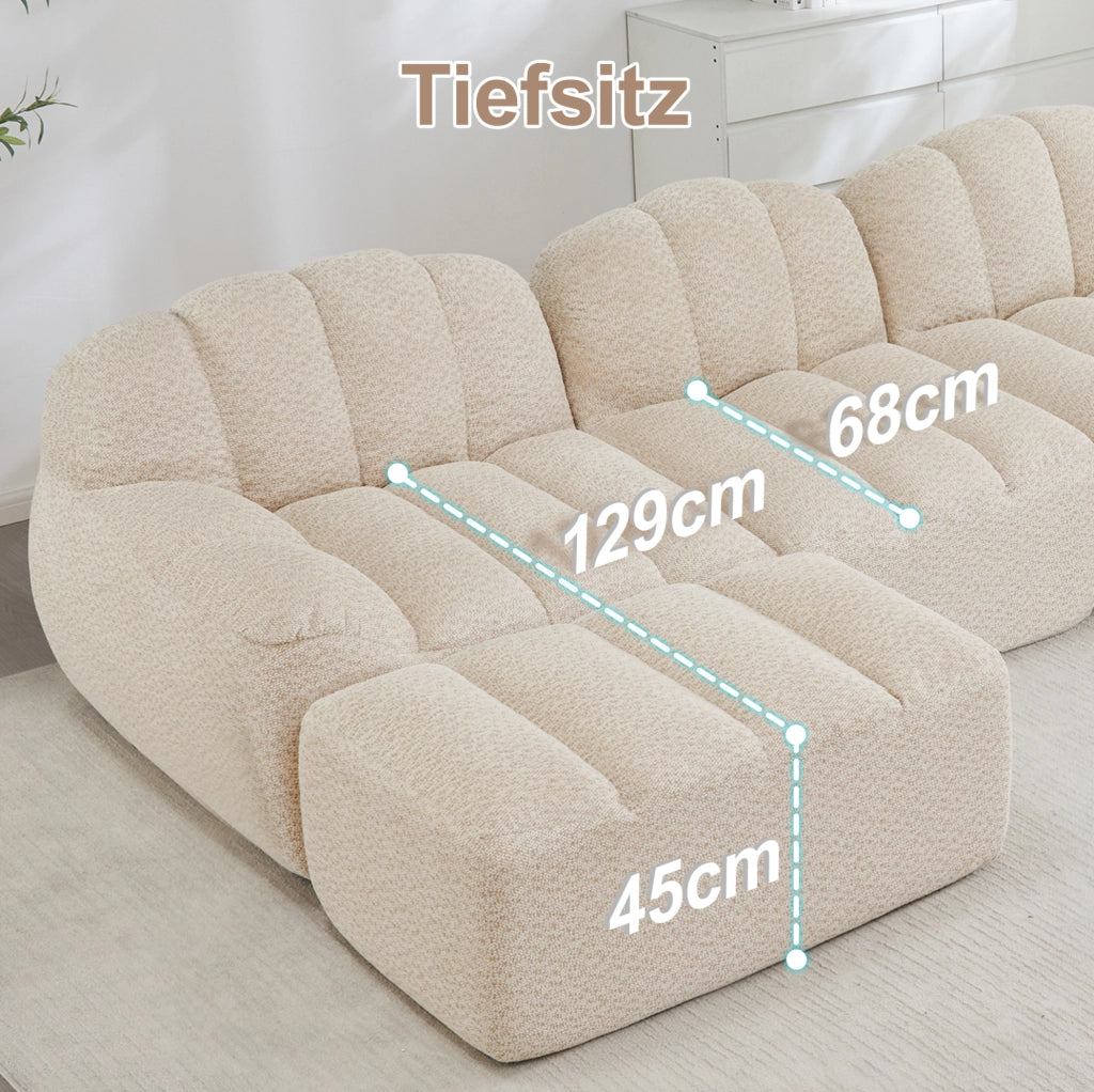 Divano modulare angolare 3 posti con pouf; 288x165x79 cm in fleece granulato beige bianco