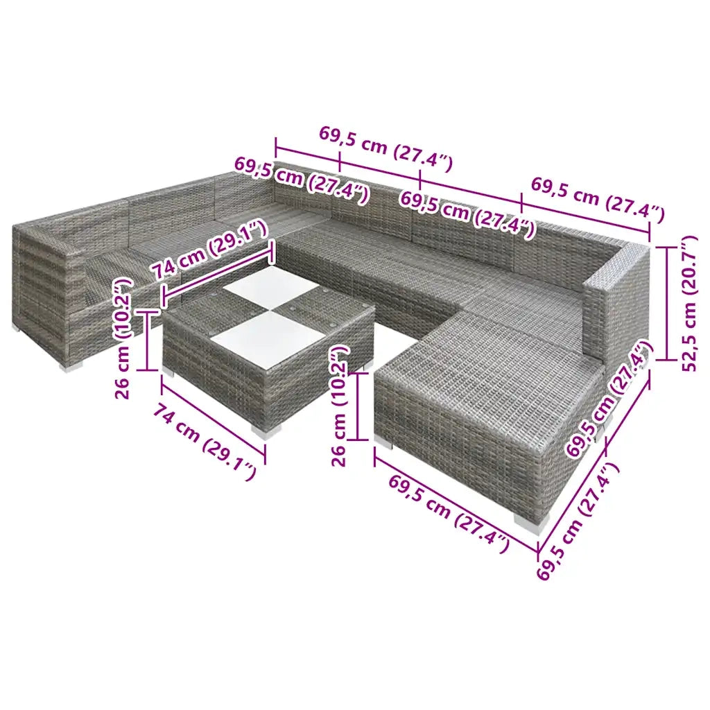 Set Divani da Giardino 8 pz con Cuscini in Polyrattan Grigio 42738