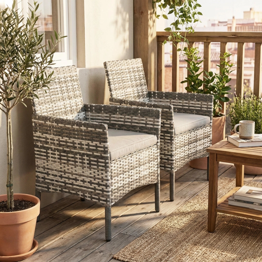 Set di 2 Sedie da Giardino con Cuscini e Braccioli in Rattan Grigio