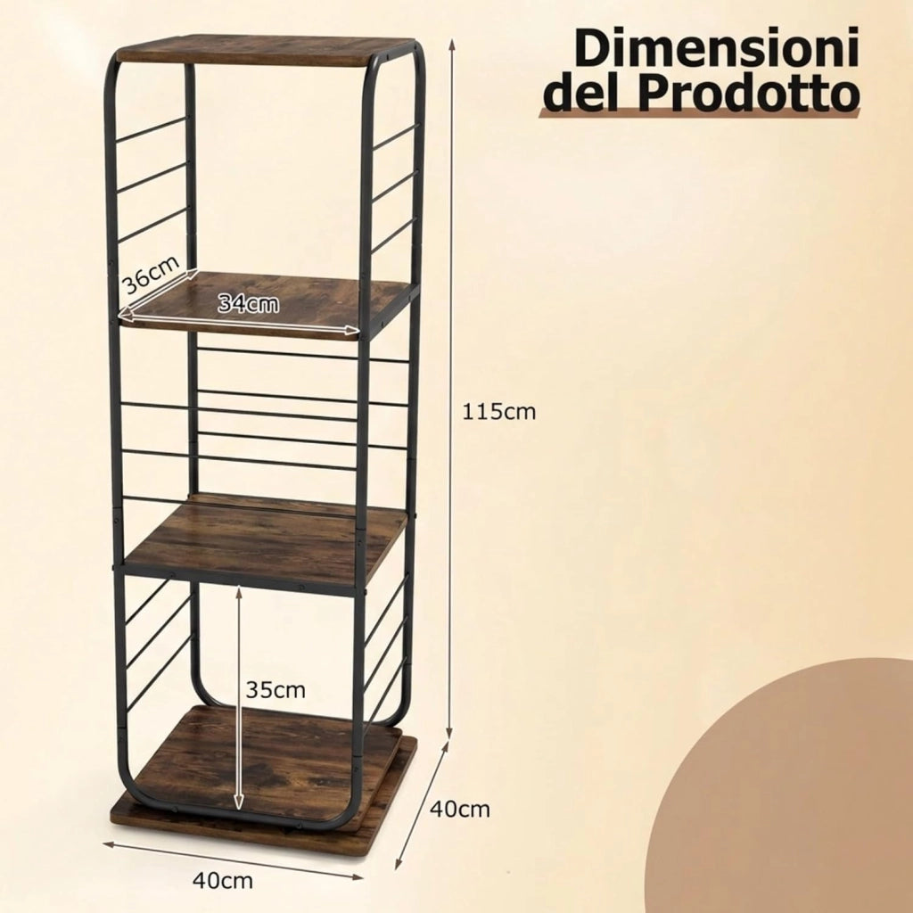 Supporto Giradischi Girevole a 4 Ripiani, Porta Dischi Rotante a 360° con Struttura in Metallo, Scaffale d'Angolo Salvaspazio per Casa, Ufficio e Soggiorno, 40x40x115 cm (Marrone)