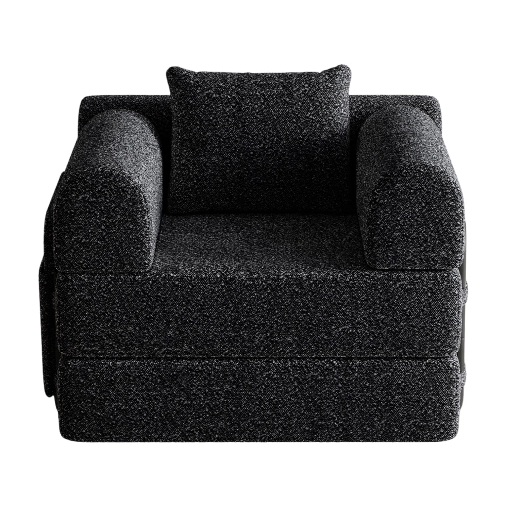 Divano letto 2 in 1 con vano portaoggetti nel bracciolo; struttura in acciaio; chenille nero