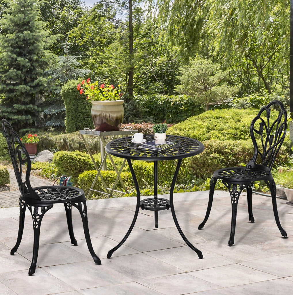 Set bistrot 3 pezzi con tavolo rotondo e 2 sedie pieghevoli; alluminio nero