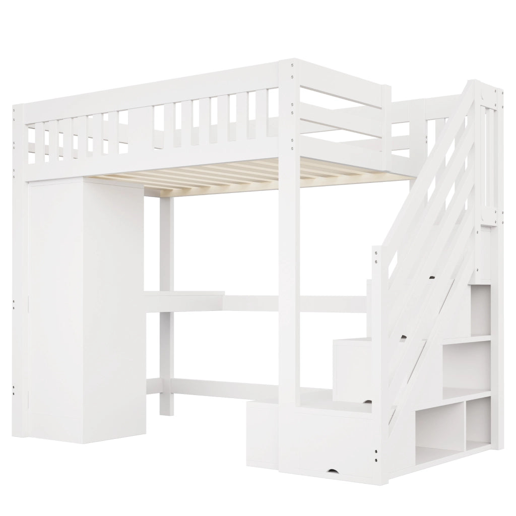 Letto a soppalco 140 × 200 cm con scala contenitore, scrivania, armadio, LED, panca, sans materasso, bianco
