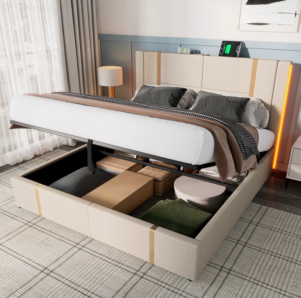 Letto matrimoniale 180x200 cm con contenitore; LED RGB e USB-C; tessuto beige