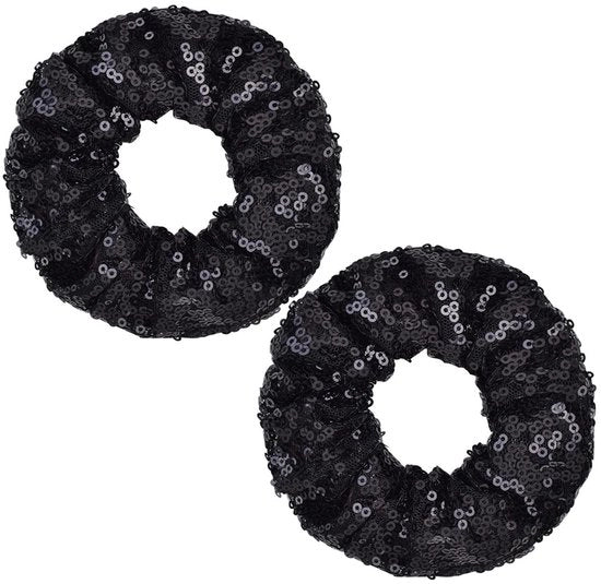 Haarelastico con pailletten - 2 elastici neri per capelli - Accessori per capelli per signore/donne - Sostenibile e elastico - Ideale per uso quotidiano - Fascia per capelli