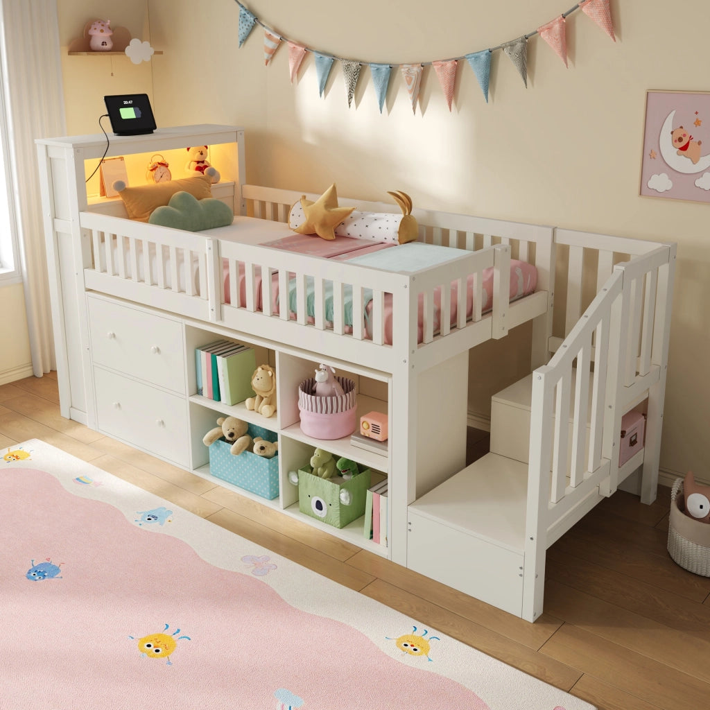 Letto rialzato per bambini 90x200 cm con cassetti; vani portaoggetti; scala contenitore e LED; bianco