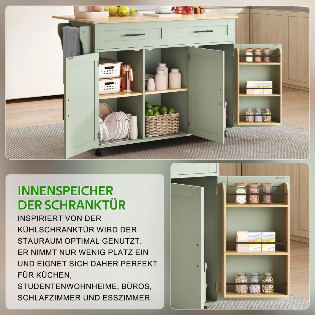 Carrello da cucina con piano ribaltabile 2 cassetti 3 vani ripiani regolabili e portasciugamani in MDF verde antico
