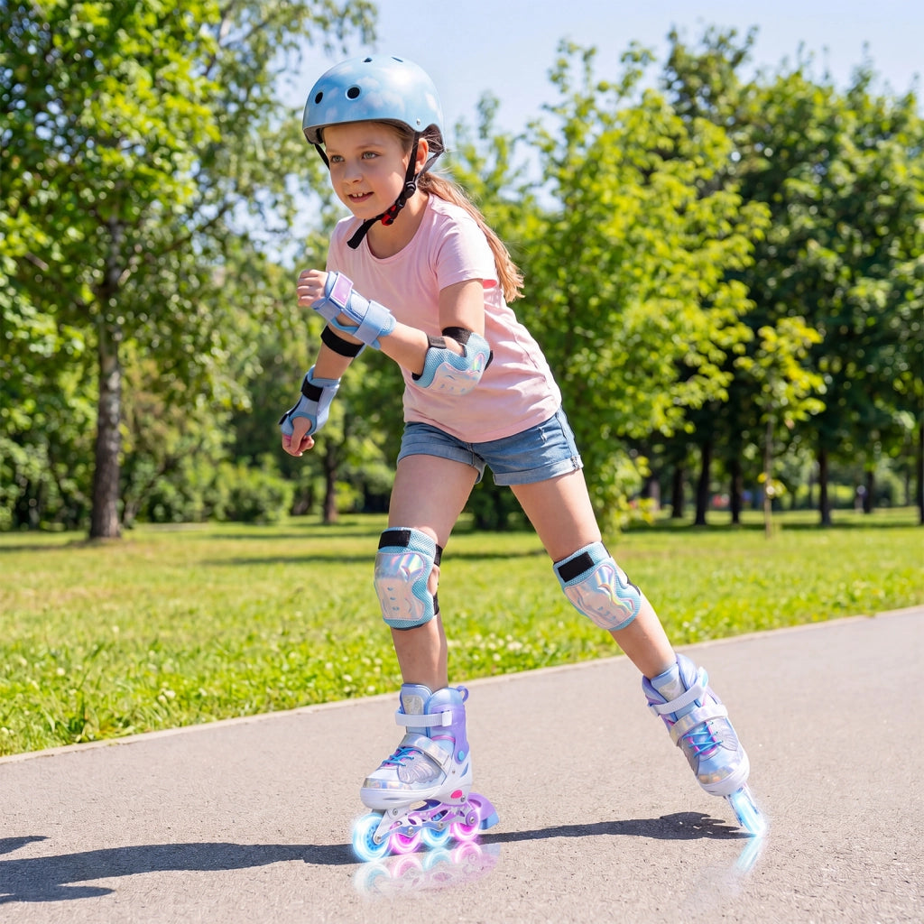 Pattini in linea per bambini con ruote luminose, Pattino a rotella per principiante misura regolabile Blu