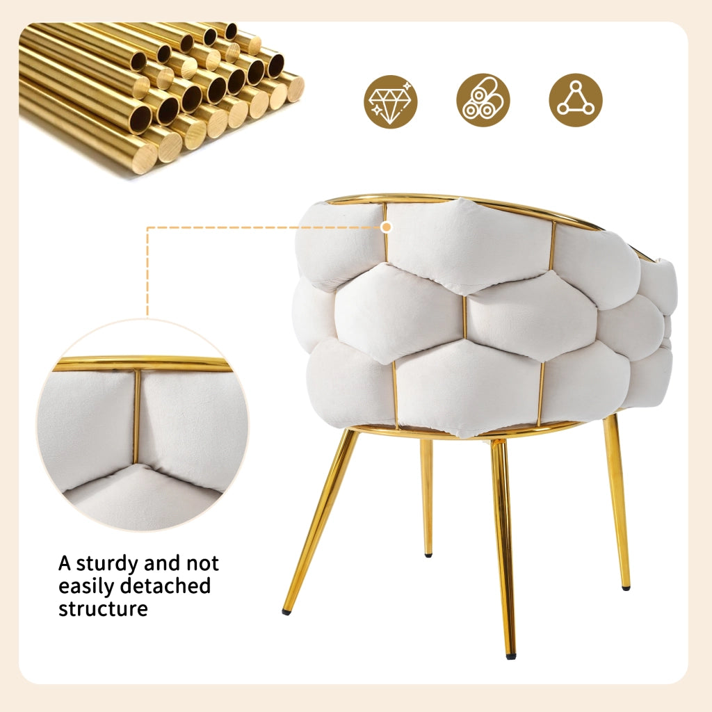 Tavolo da pranzo con 4 sedie imbottite in velluto e gambe in metallo dorato piano in MDF effetto marmo bianco e beige