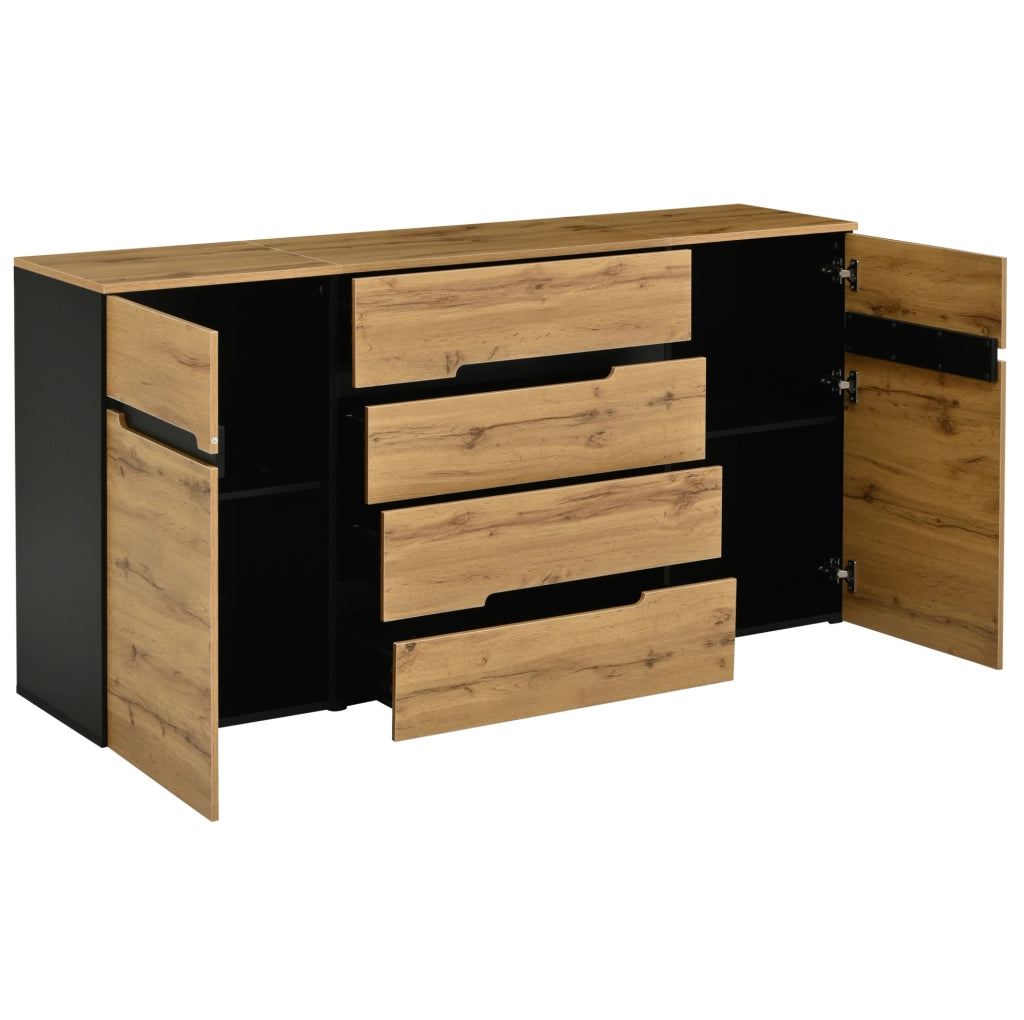 Sideboard 160x40x80 cm con 2 ante e 4 cassetti in pannello truciolare naturale e nero