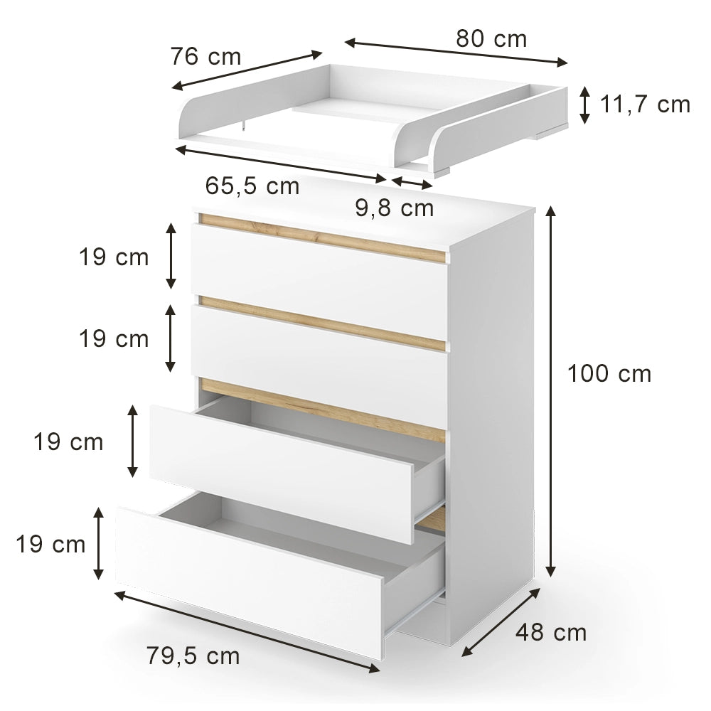Fasciatoio da mobile Emmi Bianco/Rovere dorato 80 x 111.7 cm con 4 cassetti Vitalispa