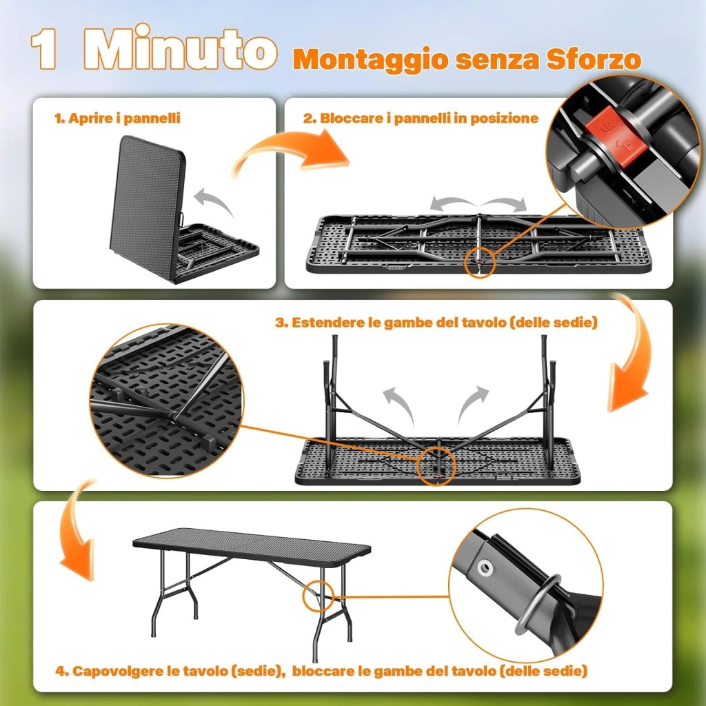 Set 3 Tavoli e Panche Birreria Pieghevoli Rattan, 1 Tavolo 180x74x74cm + 2 Panca da Esterno 180x30x43cm, Robusta Portatile Facile da Pulire Pieghevole Tavolo Birreria con Panche per 6-8 Persone