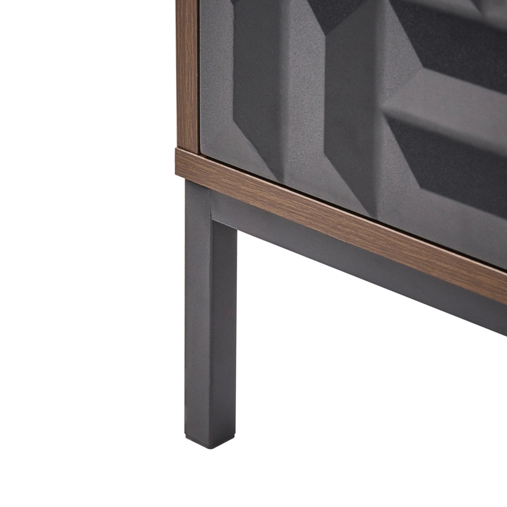 Comodino Marrone scuro MDF Gambe in metallo Cassetto Ripiano Motivo geometrico Comodino da camera da letto