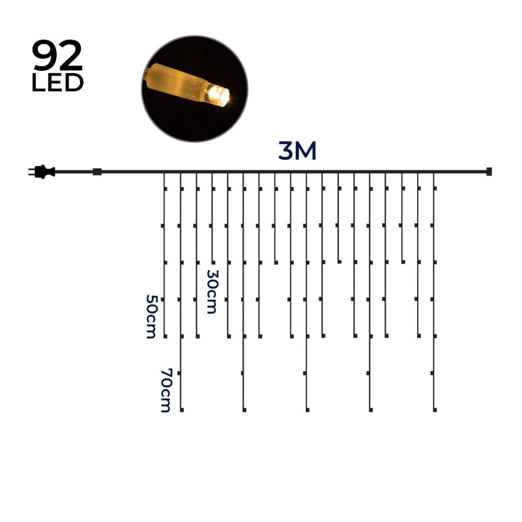 Tenda Luminosa Natale 92 LED da 3MT Prolungabile Esterno Luce Calda + Flash