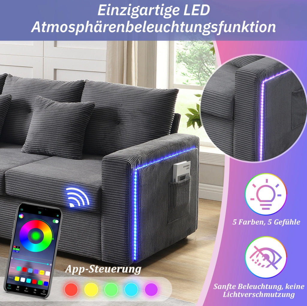 Divano angolare modulare a L con pouf; LED controllate da app; rivestimento in corduroy grigio antico