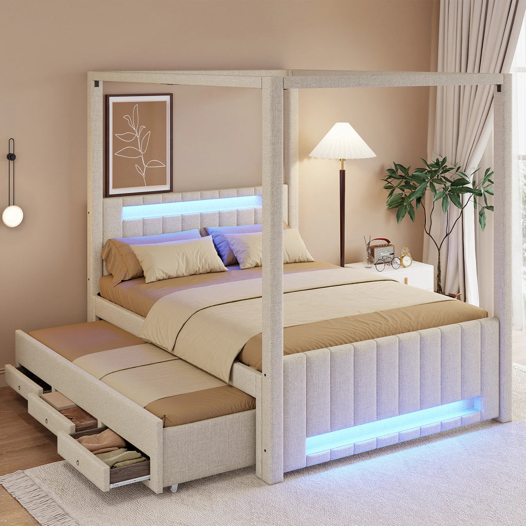 LETTO A BALDACCHINO 140x200 cm con letto estraibile e 3 cassetti, LED Beige