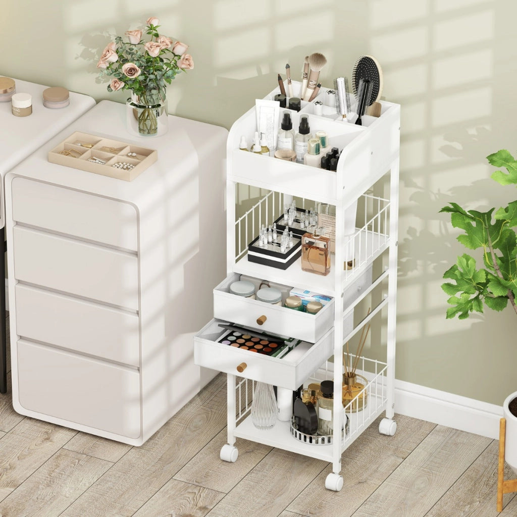 Organizer per trucco con ruote, Carrello organizzatore con cassetti e ripiani Bianco