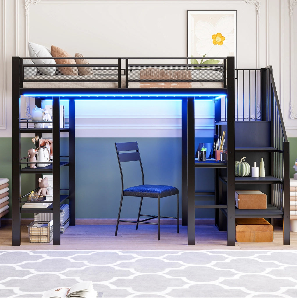 Letto a soppalco ULEVR 90x200 cm con scrivania, armadio, scaffale a 3 livelli, LED e presa, nero