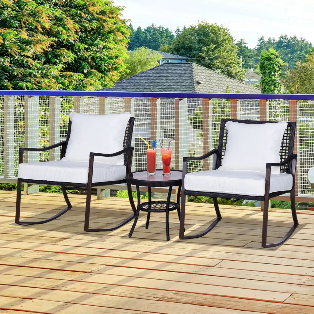 Set Salotto da Giardino in Rattan Sintetico 2 Poltrone a Dondolo e Tavolino Marrone