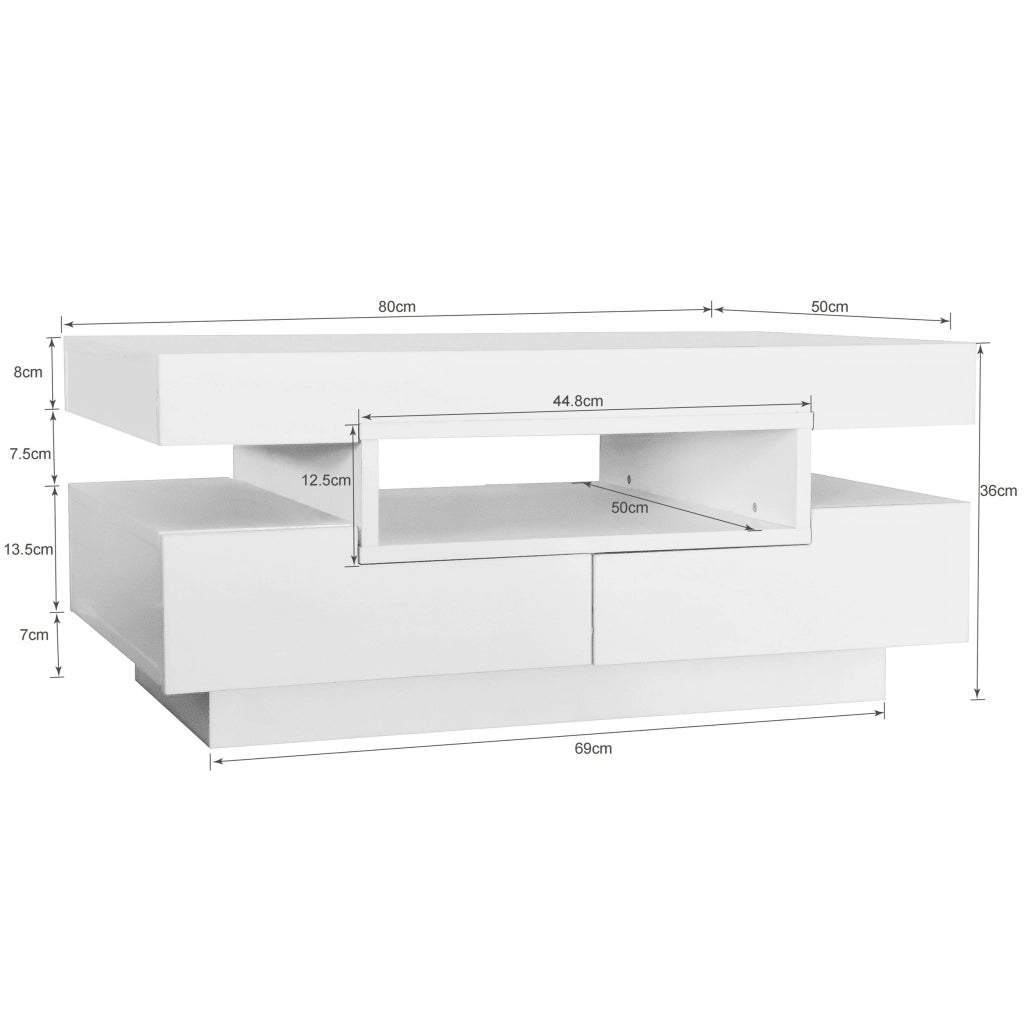 Tavolino da Salotto con 4 Cassetti; 3 Vani e LED Regolabile; Finitura Lucida; per Soggiorno; 80x50x36 cm