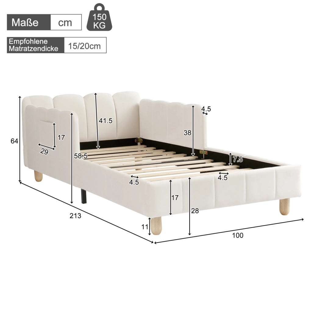 Letto per bambini imbottito in velluto beige con testiera ergonomica e tasche laterali