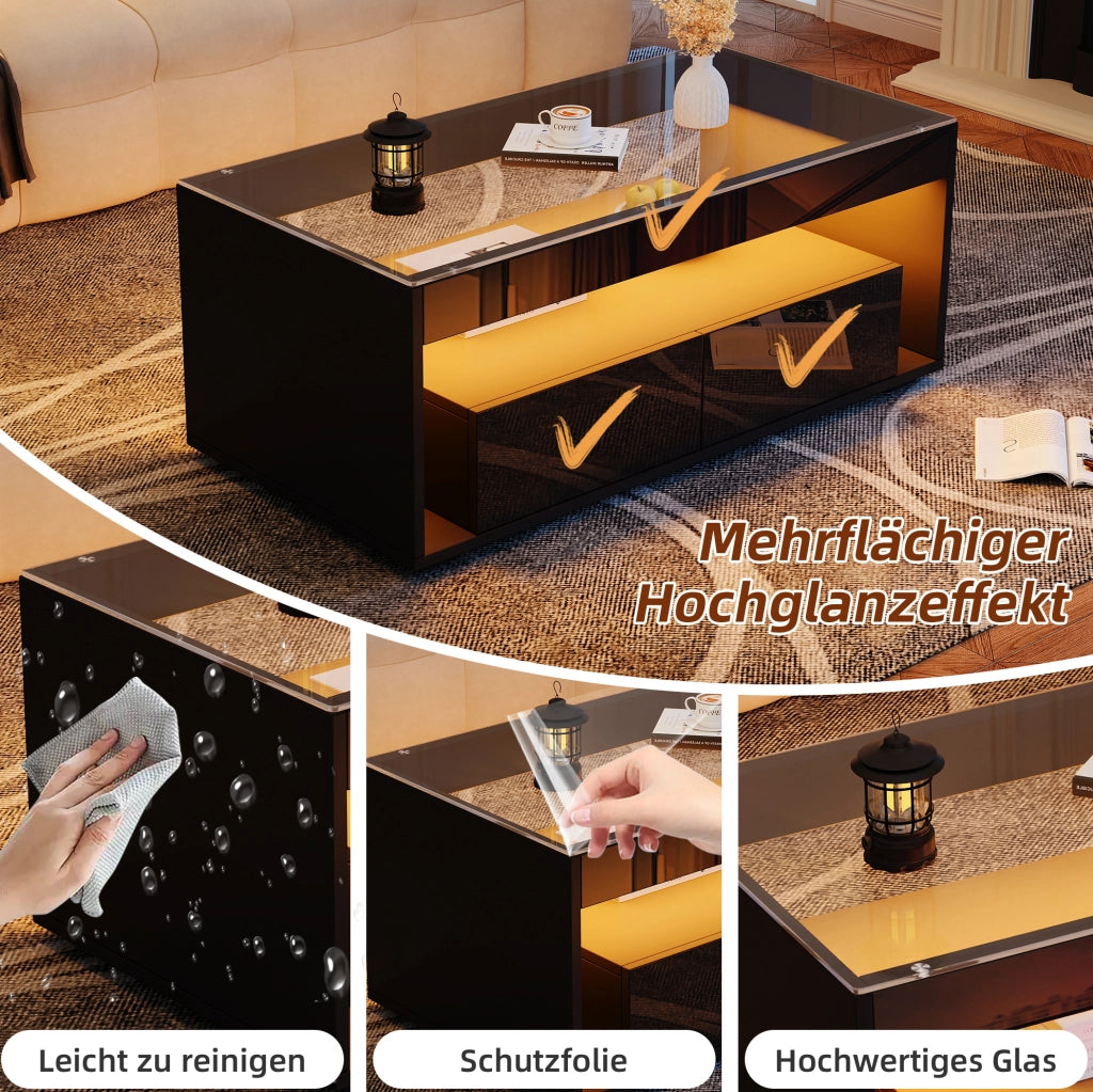 Tavolino da caffè moderno con LED; 100 x 50 x 40 cm; in truciolare e vetro temperato nero