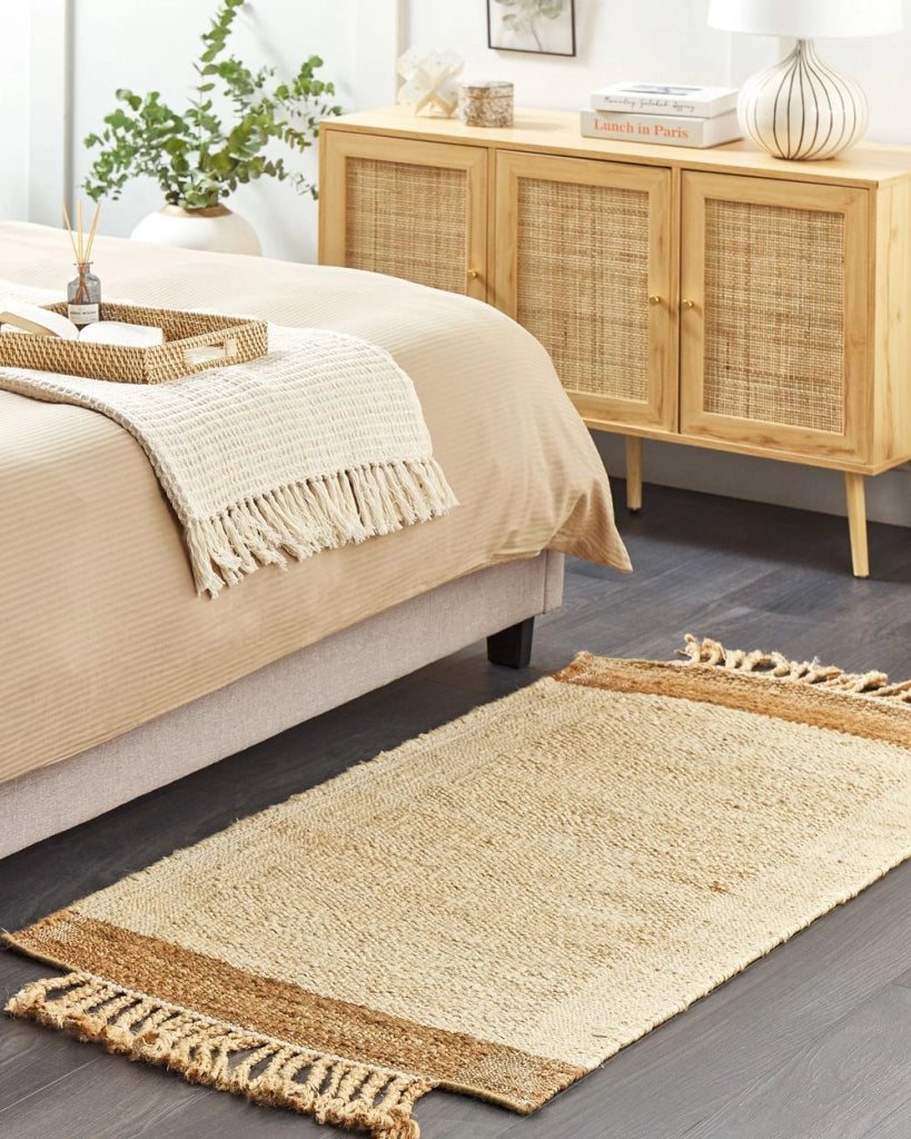 Tappeto juta beige 80 x 150 cm con nappe motivo geometrico intrecciato fatto a mano stile boho per soggiorno camera da letto