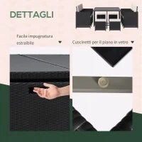Set 11 PZ Mobili da Giardino in Rattan da Esterno con Tavolo in Vetro Temperato e Cuscini, Set da Pranzo, Nero