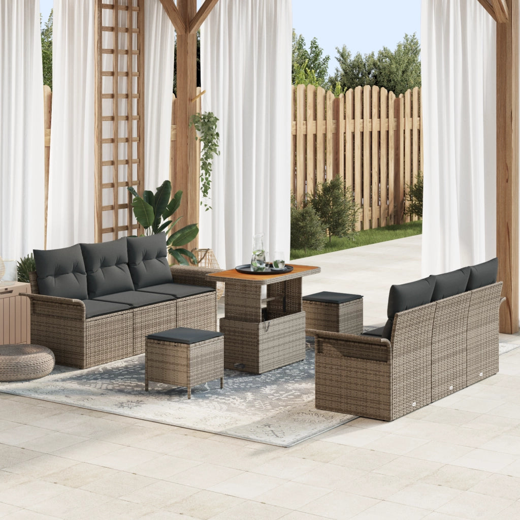 Set Divano Giardino 9 Pezzi Cuscini Grigio Polyrattan Acacia