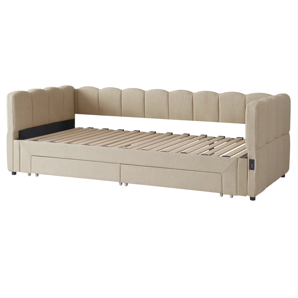 Letto imbottito - Xylo - 90x200 - Beige - 2 cassetti USB