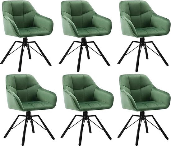 Sedia 360° girevole, insieme da 6, sedie da soggiorno, sedia da cucina, sedia da sala da pranzo, tessuto fluente, schienale rivestito, gambe metalliche, colore verde scuro, BH365dgn-6