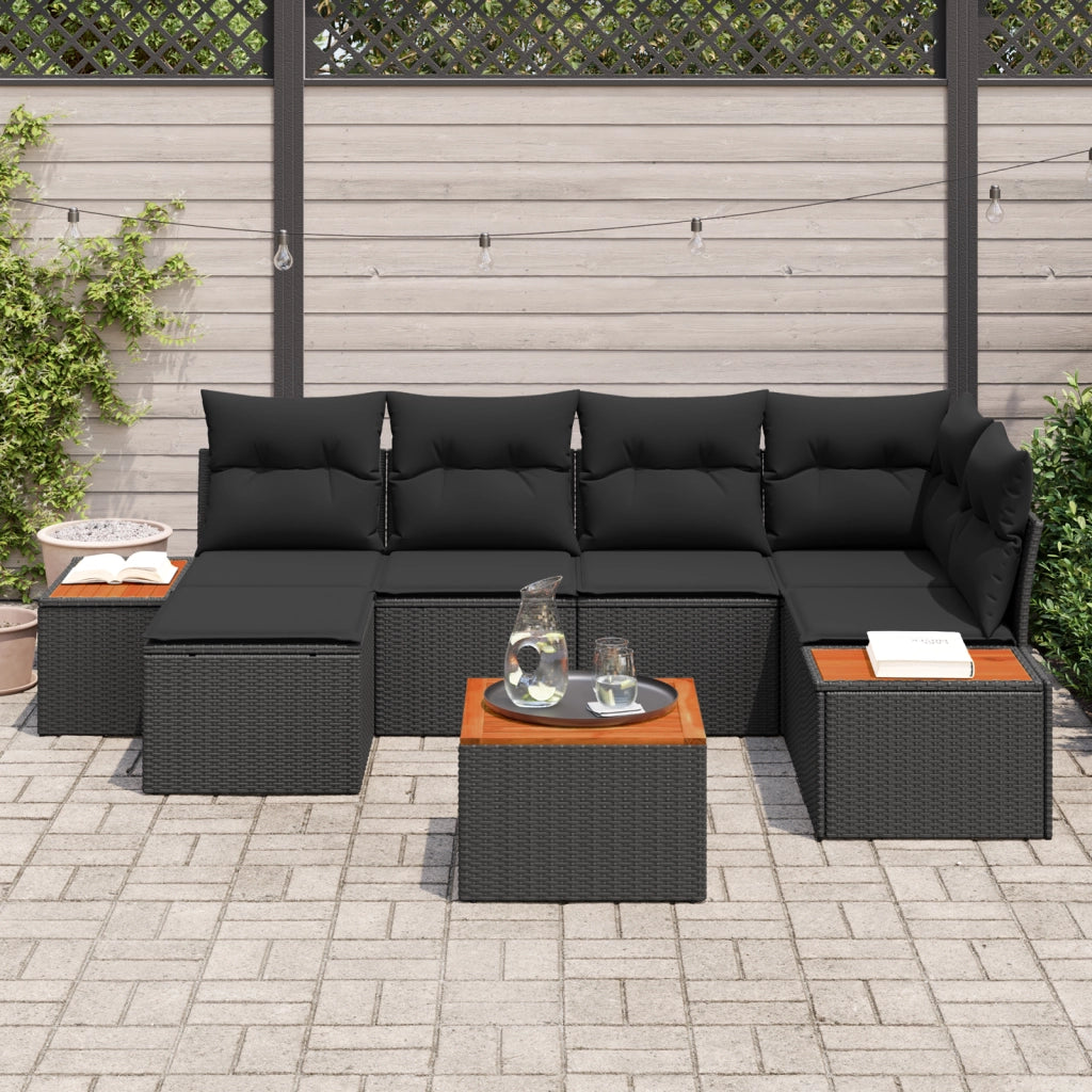 Set di divani da giardino in 7 pezzi con cuscini neri in polyrattan e acacia