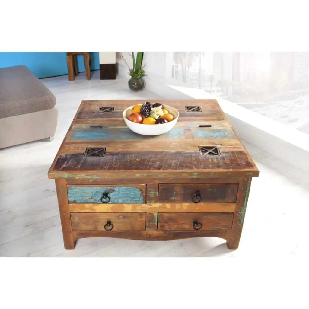 Tavolino basso PATCHWOOD quadrato 70 cm in legno riciclato multicolore con cassetti e baule