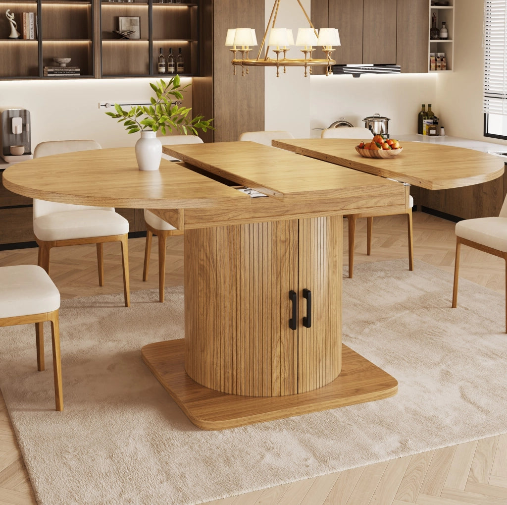 Tavolo allungabile 118x118x76 cm con contenitore; ripiani estraibili e portabicchieri; MDF e metallo; naturale
