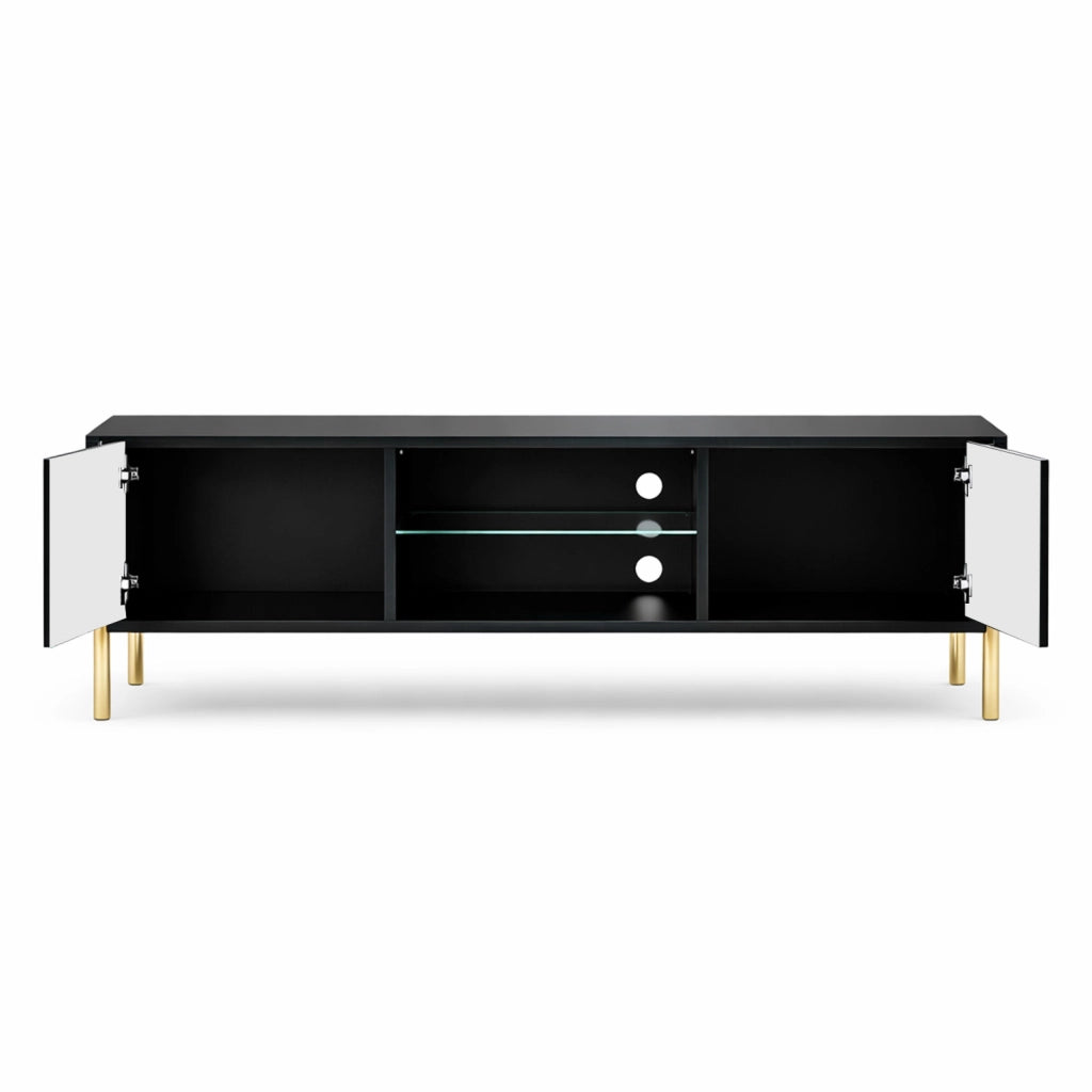 Mobile TV Moderno Con Due Ante Battenti Vano Centrale A Giorno Ripiano Vetro Passacavi Posteriori Melaminico Per Soggiorno Design Living Contemporaneo 135 X 31 X 47 Cm Nero