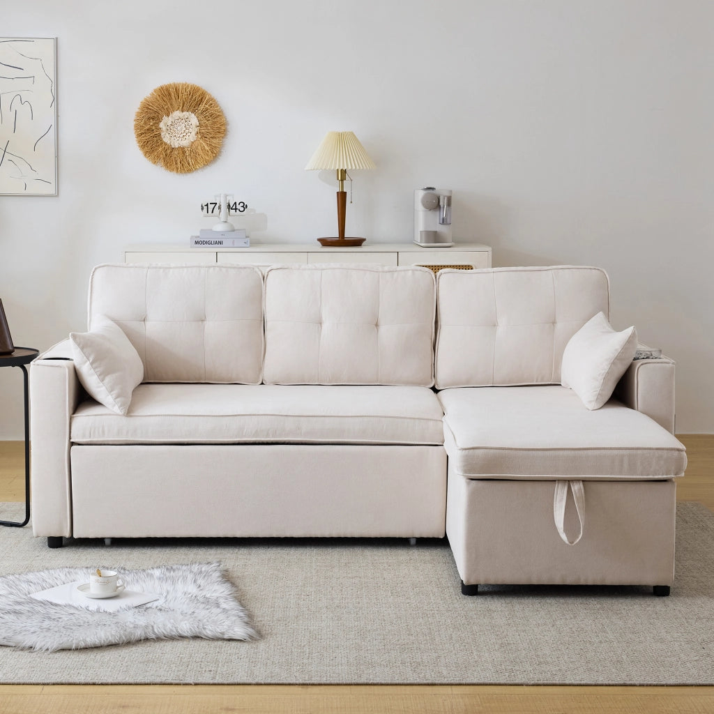 Divano Letto ad Angolo con Chaise Longue Reversibile; Contenitore e Portabicchieri; in Cotone e Lino Beige