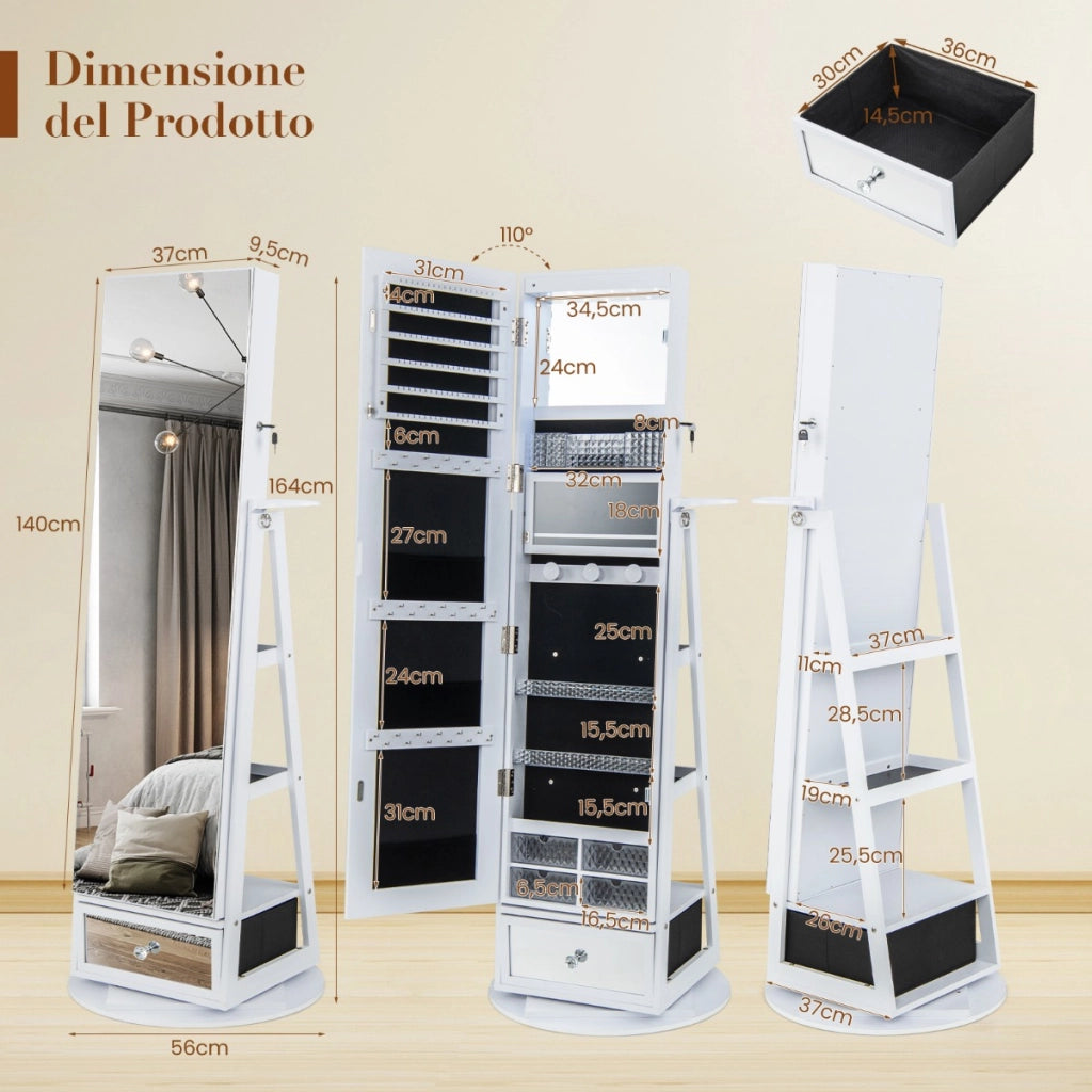 Armadietto portagioie girevole a 360¡ã con specchio lungo, Specchio portagioie con  luci LED e specchietto Bianco-Armadietti per gioielli