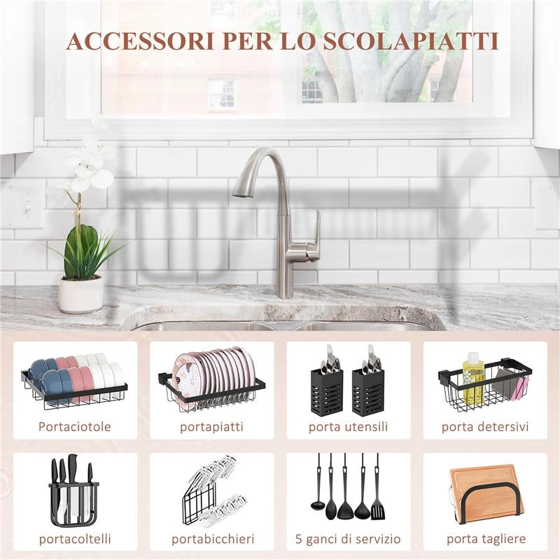 SCOLAPIATTI DA LAVELLO MODULABILE A 2 LIVELLI CON PIEDINI ANTISCIVOLO, IN ACCIAIO, 65X31.5X52.5 CM, NERO