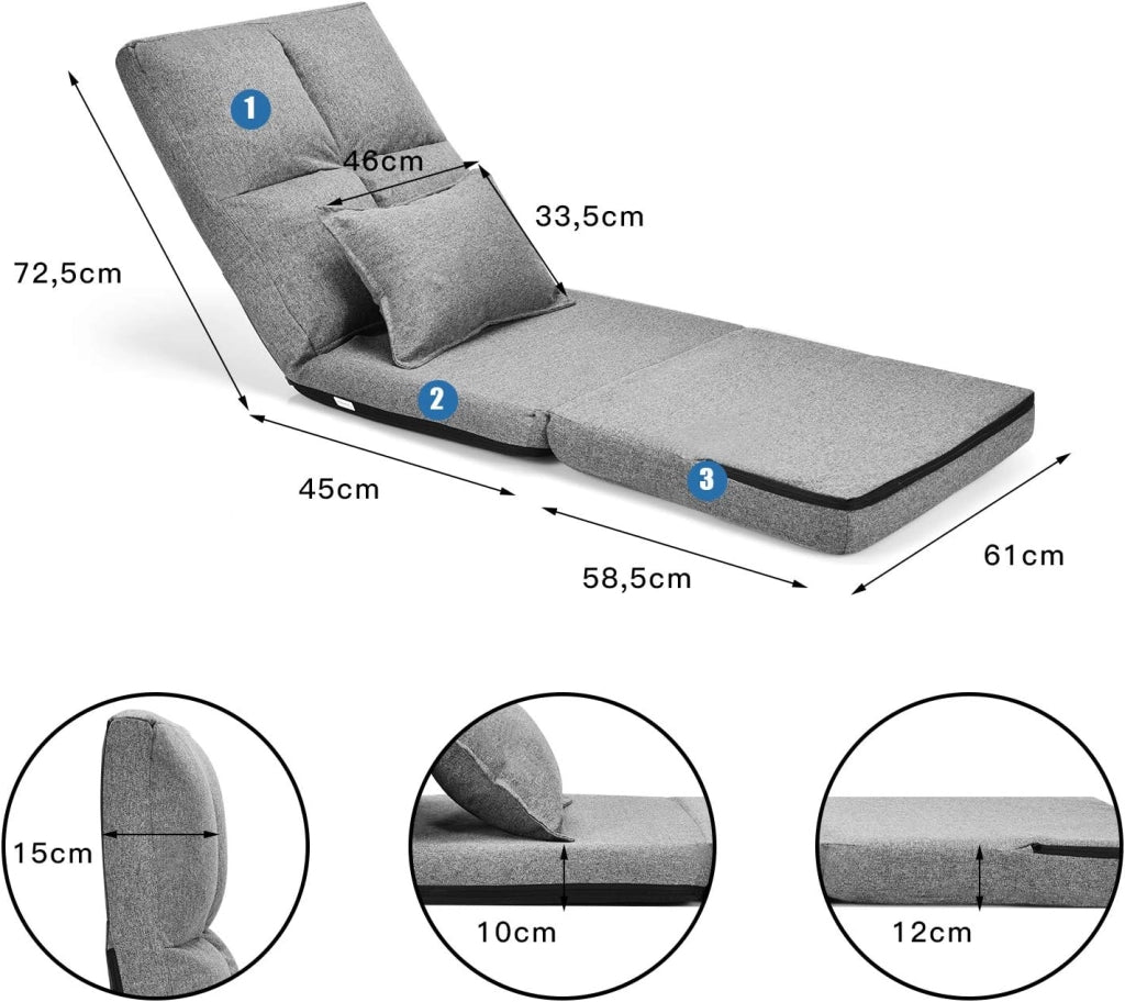 Sedia Pieghevole da Pavimento Portatile, 5 Angoli Regolabile, Cuscino da Seduta con Cuscino per la Schiena, Ideale per Soggiorno Camera da Letto (Grigio)