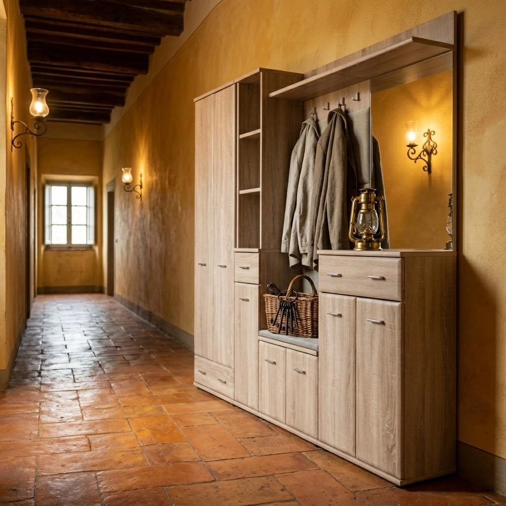 Set Ingresso Scarpiera Appendiabiti Imbottito Mobile Entrata Anta Specchio Vani Guardaroba Ganci Armadio Mobiletto Multifunzione Salvaspazio Corridoio Casa Design Moderno 210 x 32 x 203 Cm Rovere